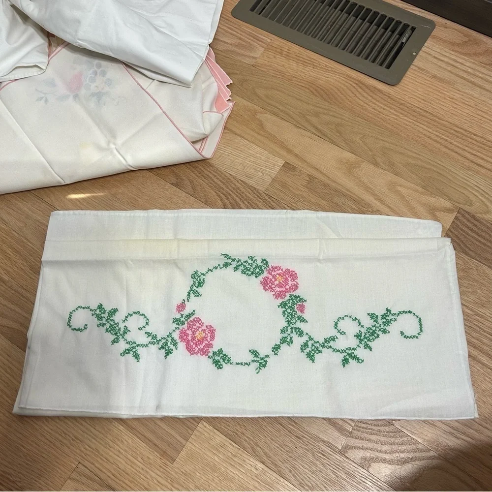 Vintage Embroidered Pillow Case Lace Doily Napkins Handkerchief Mixed Lot Bundle